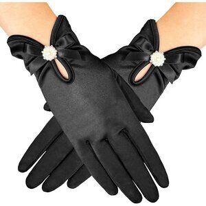 Women's Wrist Black Short Floral Lace Bow Gloves Elegance Wedding Dinner Party